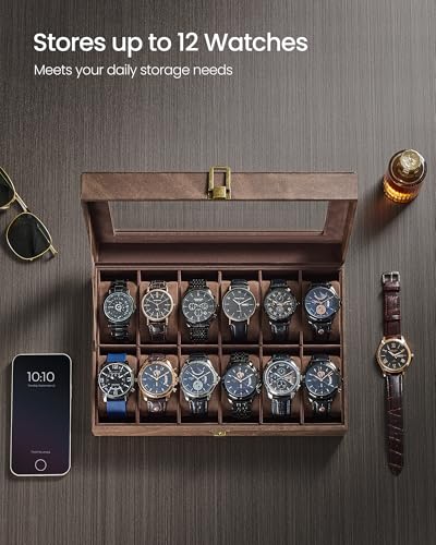 SONGMICS Watch Box, 12-Slot Watch Case Organizer with Large Glass Lid, Removable Pillows, Gift for Loved Ones, Coffee Brown Synthetic Leather, Coffee Brown Lining UJWB120KQ01S - color: Brown + Brown, size: 12 Slot