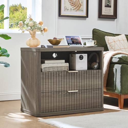 LEYAOYAO 31" Wide Fluted Nightstand with Charging Station, Oversized Extra Large 2 Drawers Night Stand,Grey Wood Bedside Table,Tall Bed Side End Tables,Modern Chest of Drawers Dressers for Bedroom - color: Grey, size: 2 Drawers