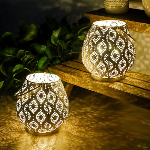 TRIROCKS Set of 4 Moroccan Decorative Lamps 8'' High Battery Powered Cordless Lamp Metal Table Lamps with Fairy Lights Bulb for Home Living Room Garden Yard Party Events Tabletop Indoor Outdoor(White) - color: 4 Set White