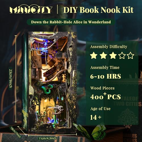 MiniCity DIY Book Nook Kit, DIY Miniature Dollhouse with Lights for Adults and Teens (Down The Rabbit-Hole Alice in Wonderland) - style: Down The Rabbit-Hole Alice in Wonderland