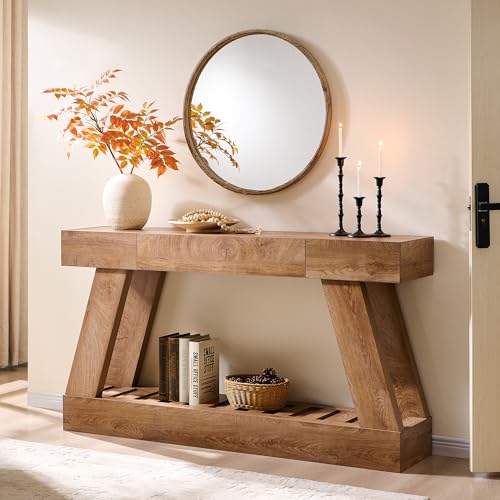 60" Farmhouse Entryway Table with Drawer, Wooden Hallway Foyer Table with Heavy Duty Base, Sofa Table for Living Room(Light Knotty Oak) - color: Light Knotty Oak