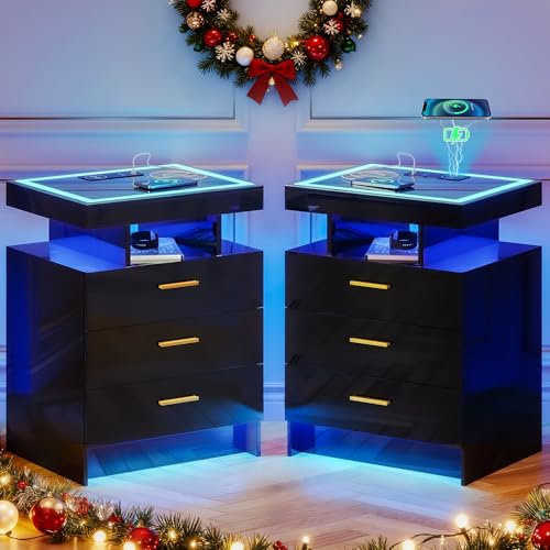 Lvifur 2 Set Nightstands with Wireless Charging Station for Bedroom, Auto Sensor 3 Color Dimmable LED End Table, Modern Bedside Table with 3 Drawers & 3 Open Compartments (2 x Black) - color: Black X2 3 Drawers-glass Top