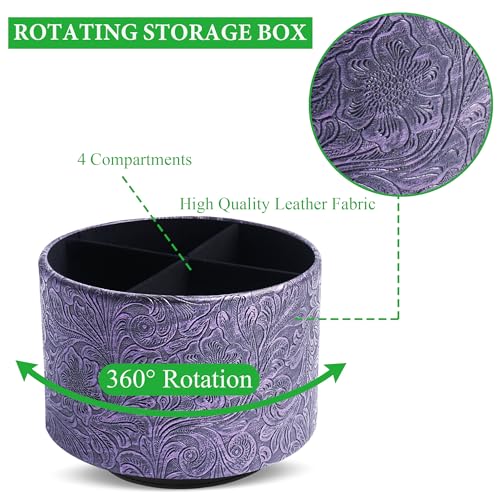 lizimandu Round Leather Art Supply Organizer,Remote Control Holder,360 Degree Spinning,Multi-Functional Pencil Holder,4 Compartments Desktop Stationary Organizer(1-Carved Metal Purple) - color: 1-Carved Metal Purple