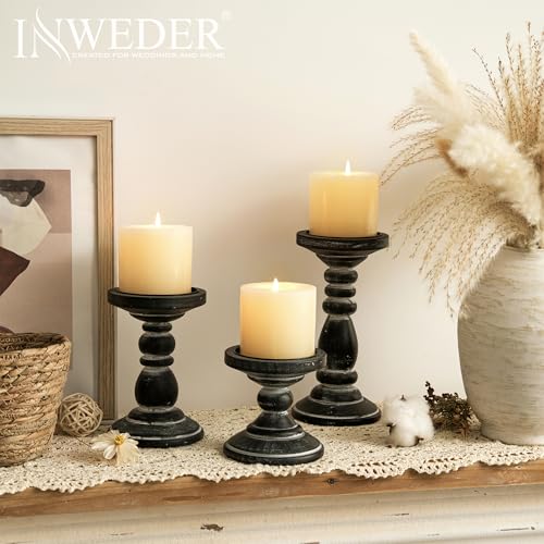 Wood Pillar Candle Holder: 3Pcs Rustic Black Candle Holders for Pillar Candles Wood Candle Holders Distressed Wooden Farmhouse Candle Holder Large Rustic Candle Holder for Fireplace Table - color: Black, size: 3.94", 5.9", 7.87"