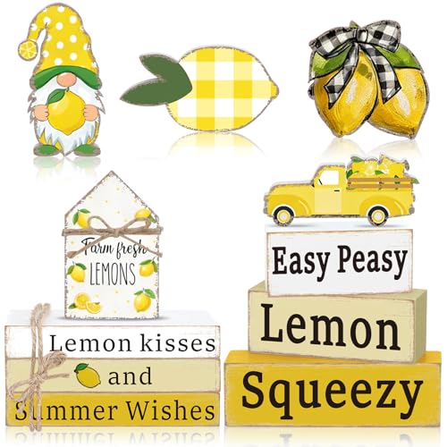 Vercraft 11 Pcs Lemon Table Decorations Set Lemon Tiered Tray Decor Summer Wooden Top Farmhouse Rustic Wooden Coffee Table Centerpieces for Home Kitchen Office Decorations - style: Lemon