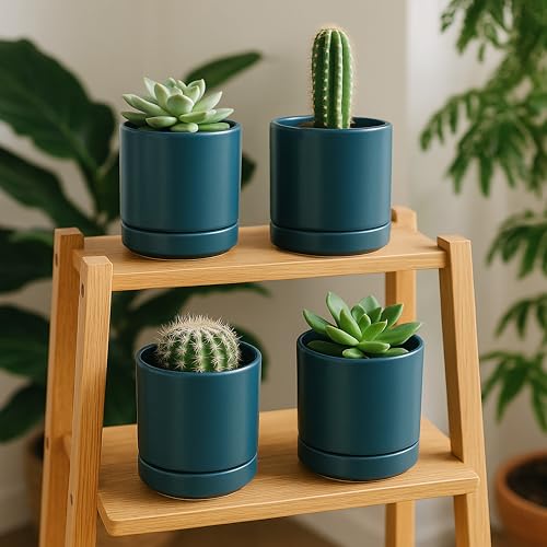 D'vine Dev Set of 4 Small Ceramic Plant Pots, 4.7 Inch Succulent Planter Pot for Plants with Drainage Hole and Saucer, Teal, 94-X-B-9 - color: Teal, size: 4.7 Inch