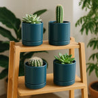 D'vine Dev Set of 4 Small Ceramic Plant Pots, 4.7 Inch Succulent Planter Pot for Plants with Drainage Hole and Saucer, Teal, 94-X-B-9 - color: Teal, size: 4.7 Inch