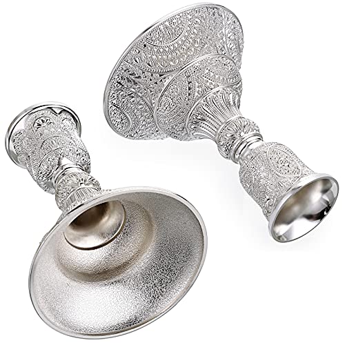 OwnMy 2PCS Brass Taper Candle Holders Candle Stick Holders Set Vintage Metal Pillar Candlestick Holders, 4”H Elegant Candle Stand Candelabra for Dining Table Centerpieces Wedding Home Decor, Silver - color: Silver