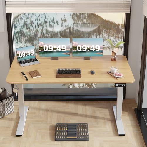 Furmax Electric Height Adjustable Standing Desk Large 55 x 24 Inches Sit Stand up Desk Home Office Computer Desk Memory Preset with T-Shaped Metal Bracket, Light Wood - color: Light Wood, size: 55 Inch