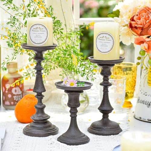 Sungmor Rustic Cast Iron Pillar Candle Holder, 9.6" Tall Vintage Candlestick Holders, Table Centerpiece Metal Candle Holder, Farmhouse Candle Stand for Fireplace Shelf Home Decor - color: Large - 9.4inch Tall