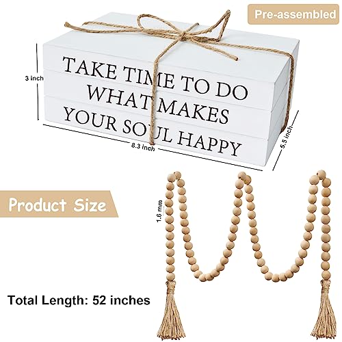Decorative Books for Home Decor, White Faux Books for Decoration, Rustic Farmhouse Stacked Display Books with 52in Wood Bead Garland for Coffee Tables Living Room (TAKE TIME to DO) - style: TAKE TIME TO DO