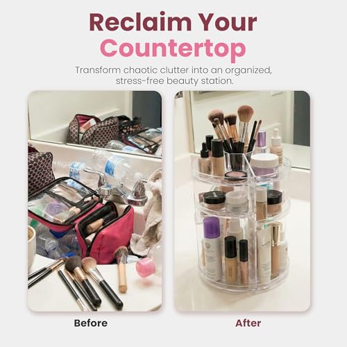Masirs 360 Rotating Makeup Organizer Countertop - Adjustable Shelf Height - The Perfect Round Spinning Cosmetic Organizer for Bedroom Dresser or Vanity Countertop Storage (Clear) - color: Clear