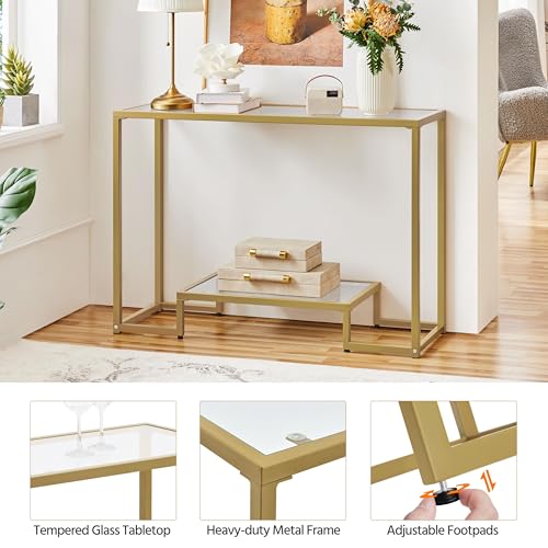 Yaheetech 42 Inch Console Table, Tempered Glass Entryway Table, Narrow Sofa Tables, 2-Tier Hallway Tables, Entrance Stand for Living Room Bedroom, Gold - color: Gold