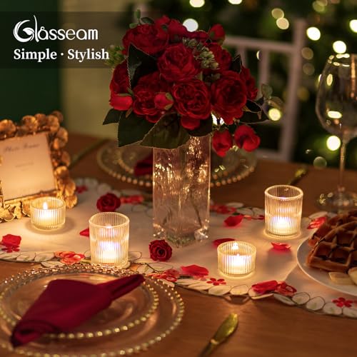 Glasseam Glass Tealight Candle Holder: Set of 8 Ribbed Clear Votive Candle Holders for Table Centerpiece, Decorative Small Vintage Tea Lights Candle Holder for Wedding Christmas Dining Room Decoration - color: Clear