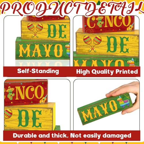Yuntau 4 Pcs Cinco De Mayo Decorations Wooden Mexican Table Farmhouse Cinco De Mayo Tiered Tray Decor Fiesta Stacked Blocks Tabletop Decorative Book Mexican Centerpieces for Carnival Shelf Home - style: Cinco De Mayo