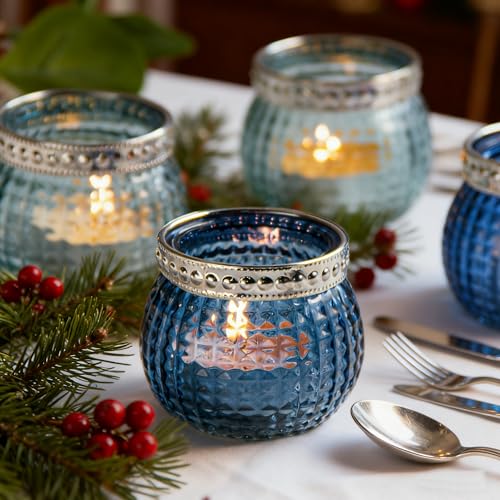 Candle Holder Set of 12, Small Tealight Candle Holder, Vintage Glass Votive Candle Holders for Table Centerpiece Wedding Home Decor Holiday Decor (Blue) - color: Blue