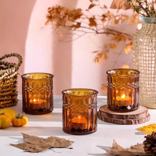 NITIME 8pcs Amber Votive Candle Holders, Large Tea Light Candle Holder Glass for Fall Table Decor, Amber Candle Holders for Table Centerpiece, Home, Wedding and Party Decor - color: Amber