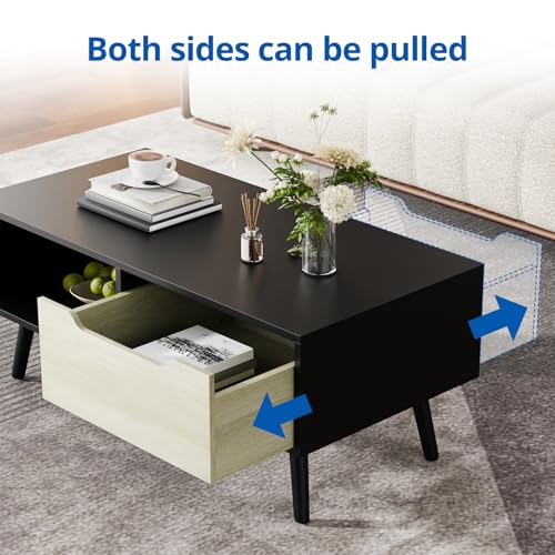 Cozy Castle Modern Coffee Table, Wooden Cocktail Table with Storage, Minimalist Hallway Table, Mid Century Modern Coffee Table for Living Room Apartment Reception, Black - color: Black