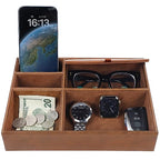 Zcaukya Men's Valet Tray, Jewelry Box Nightstand Organizer with 5 Compartments for Phone Keys Wallet Watch Glasses, Faux Leather Dresser Entryway Catchall Holder for Father's Day Gift (Brown) - color: Brown