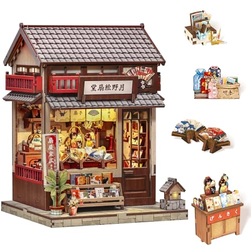 Book Nook Kit - DIY Miniature Japanese Fan House, 3D Wooden Puzzle Dollhouse with LED Lights, Tiny Bookend & Creative Bookshelf Decor, Crafts Gifts for Adults - style: Tsukino Eogi-dou