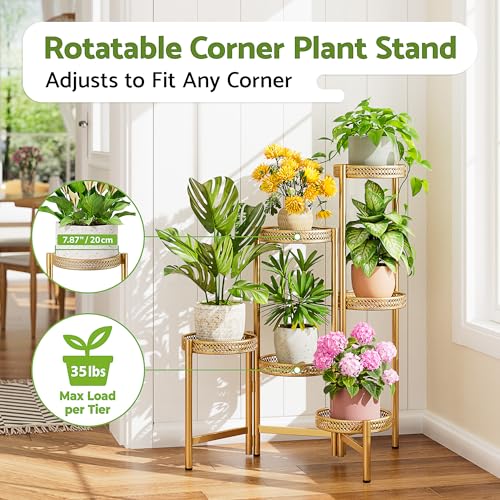 6 Tiered Plant Stand Indoor for Multiple Large Planter, Tall Heavy Duty Adjustable Folding Rack with Rustproof 7.9 Inch Wide Tray, Plant Shelf for Corner Living Room - GoldWave - color: GoldWave, size: 6-Tiers