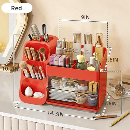 Booklov Makeup Organizer for Vanity, Large Capacity Cosmetic Display Case with Clear Acrylic Drawers, Countertop Beauty Storage Holder for Skincare, Brush Eyeshadow Lipstick, Counter Desk, Crystal Red - color: Crystal Red, size: L01