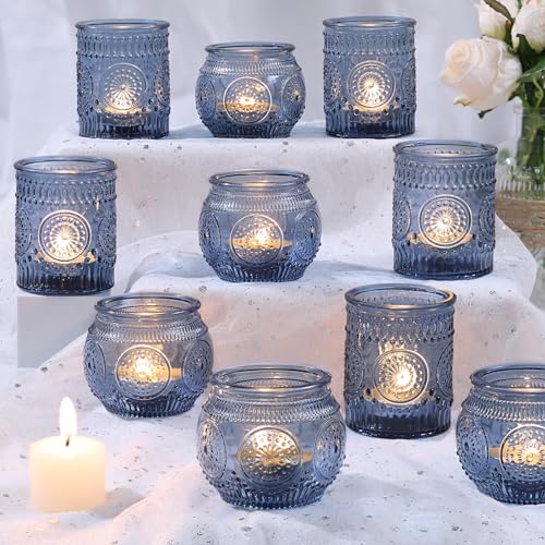 DARJEN 12Pcs Blue Votive Candle Holders - Votive Candle Holders Bulk, Glass Candle Holder for Party Decoration, Tea Lights Candle Holders for Wedding - color: Blue, size: 12 PCS