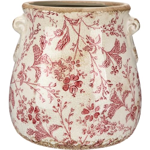 Ceramic Scroll Planter 6.5 Inch Chinoiserie Floral Vase with Drainage Holes Vintage Flower Vase Flower Pot Rustic Ceramic Pots for Indoor Plants Garden Home Bookshelf Decor(Retro Pink) - style: Retro Pink
