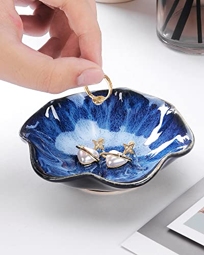 Lotus Leaf Shape Decorative Ring Tray, Small Key Bowl, Ceramic Trinket Tray Jewelry Dish Organizing Necklace Earrings, Home Decoration for Mom Best Friend Sister, Blue. - color: Blue Lotus