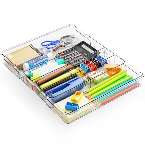 Yieach Expandable Desk Drawer Organizer Tray,1.8 Inch High Junk Drawer Organizer for Kitchen,Clear Shallow Office Drawer Organizers With 10 Compartments for Pencil,Pen,Office Supplies and Accessories - size: M-9.3 to 15.6x12.6x1.8 In