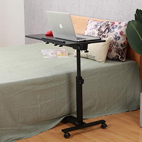 TigerDad Over Bed Table with Wheels Adjustable | Rolling Laptop Table Overbed Desk Hospital Tray Table Sofa Chair Side Table (Black) - color: Black