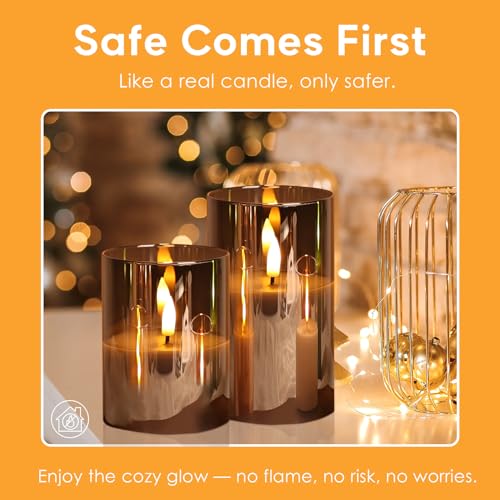 Eywamage Smoke Grey Glass Flameless Pillar Candles with Remote, Flickering LED Battery Candles Table Decor Set of 3 - color: Gray