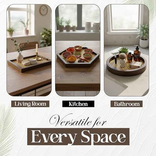 Apolos Co Decorative Tray Set of 3 - Handwoven Rattan Coffee Table Trays with Dark Wood Frame - Modern Boho Design Wicker Tray for Living Room, Centerpiece Décor - Round, Rectangular, Geometric Shapes