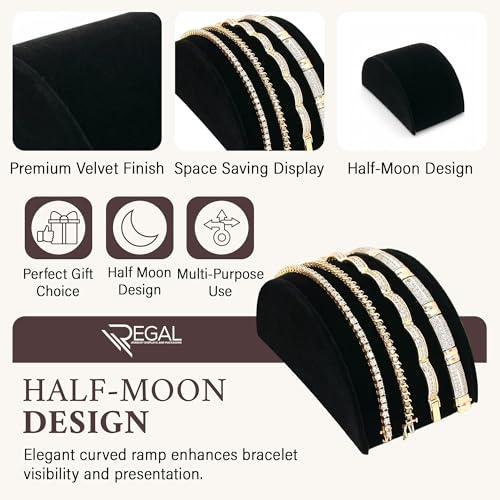 RJ Displays Black Velvet Half Moon Bracelets Holder Stand, Jewelry Display Ramp for Bracelet, Bangle, or Necklace Collection, Size 3x5x2.5 in (76x127x63 mm) and bracelet holder display