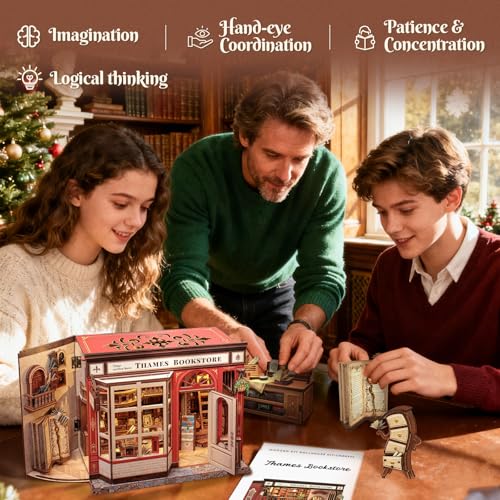 CUTEFUN DIY Book Nook Kit, 3D Puzzle Creative British Library Bookend Bookshelf Decor for Adults Teens, Magic Bookshop Miniature Kit with LED & Dust Cover, Gifts for Book Lovers (Thames Bookstore) - style: Thames Bookstore