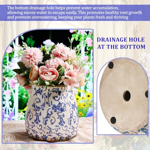 Ceramic Scroll Planter 6.5 Inch Chinoiserie Floral Vase with Drainage Holes Vintage Flower Vase Flower Pot Rustic Ceramic Pots for Indoor Plants Garden Home Bookshelf Decor (Retro Blue) - style: Retro