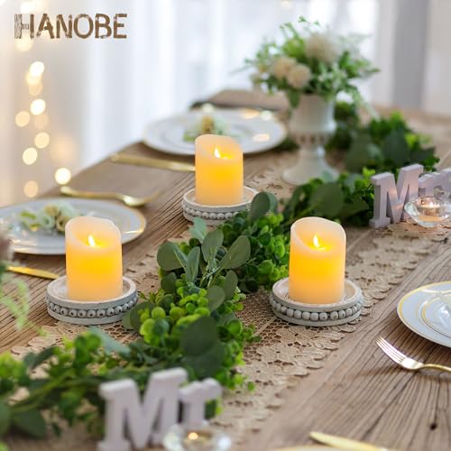 Hanobe Candle Holder for Pillar Candles: Set of 3 Rustic Farmhouse Wooden Candlestick Holders - Whitewashed Candle Stand for Table Centerpieces Fireplace Mantel Home Decor