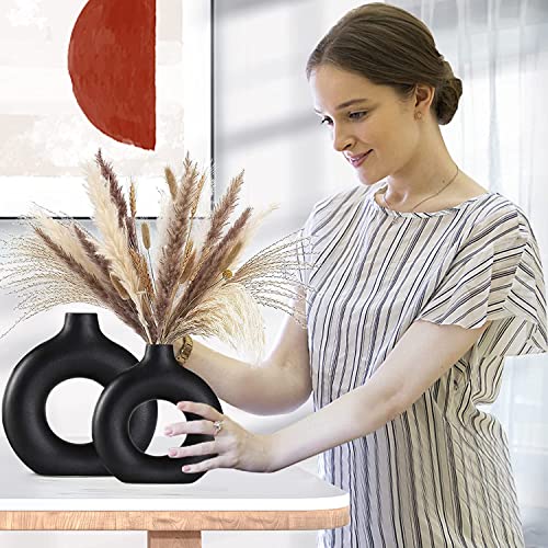 Ceramic Vases Set of 2, Modern Black Round Vase Rustic Home Decor, Donut Ceramic Design Apply to Living Room Kitchen Mantle Bedroom Dining Table Office Black Decor - color: Black, size: Big + Super Big