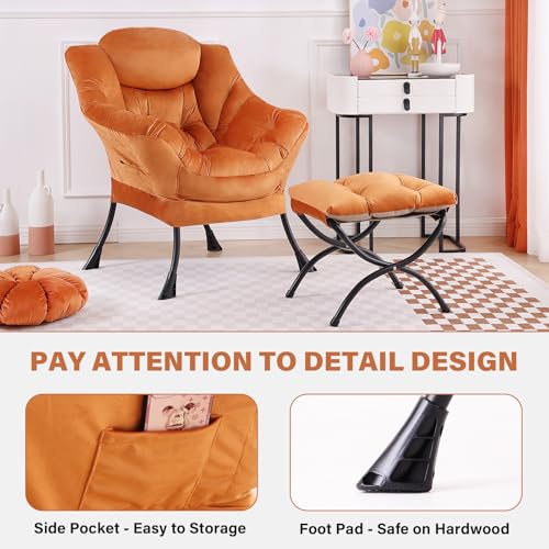 Tiita Lazy Chair with Ottoman, Orange Modern Large Accent Armchair, Comfy Leisure Sofa Reading Chair with Footrest for Bedroom, Living Room, Dorm Rooms, Garden, Velvet Orange - color: Orange