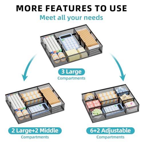 Marbrasse 2 Pack Desk Drawer Organizer, Mesh Drawer Organizer Tray with 8 Adjustable Compartments, Desk Organizers and Accessories, 5 Dividers Drawer for Office Supplies, Makeup & Vanity (Black) - color: Black