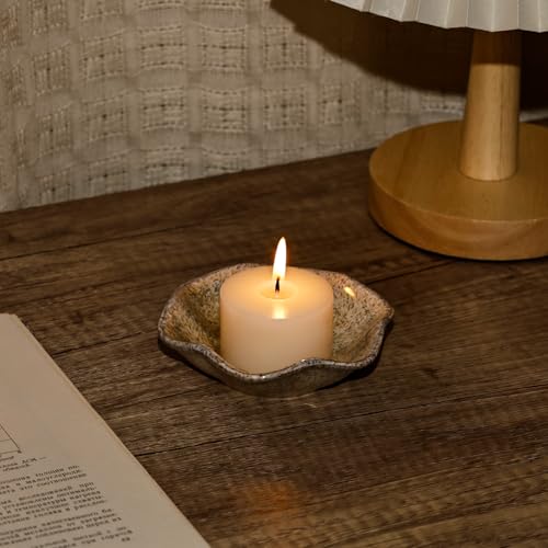 Koythin 2-Piece Ceramic Candle Holder, Aesthetics Candlestick Holders for Tea Lights, Lotus Leaf Shape Candle Stand for Mantle Table, Adorable Vintage Decor for Weddings Dining (Khaki) - color: Khaki