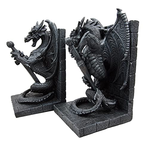 Ebros Gothic Excalibur Sword Guardian Dragon Pair Bookend Set of Two Figurine Faux Stone Sculpture As Renaissance Medieval Fantasy Decor Ancient Serpent Drake Creature for LOTR GOT Fans