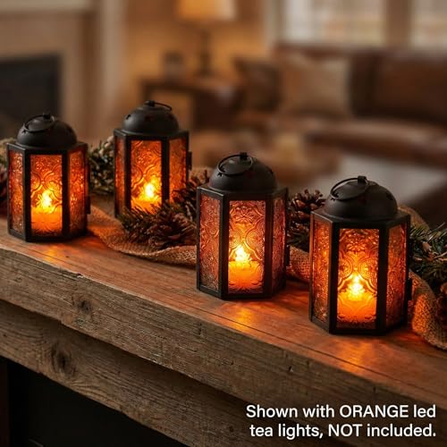 Mini Halloween Tea Light Candle Holder Centerpieces – 4.25" Small Decorative Moroccan Lantern for Table or Hanging, Metal with Glass Panels – Ramadan, Wedding, Home Decor, Amber Orange (Set of 4) - color: Amber Orange