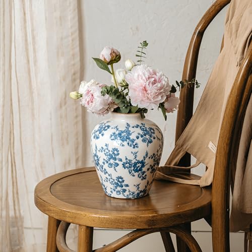 Blue and White Vase, 8 Inch Vintage Chinoiserie Ceramic Vase, Rustic Flower Vases Decorative Antique Vases for Home Decor, Retro Ice Cracked Porcelain Farmhouse Table Centerpieces Decor - color: Blue & White, size: Round