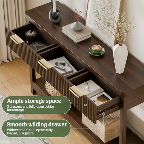Lulive 51" Fluted Console Table for Entryway, Entryway Table with 3 Wooden Drawers, Farmhouse Behind Sofa Table for Living Room, Hallway, Couch, Foyer - color: Walnut