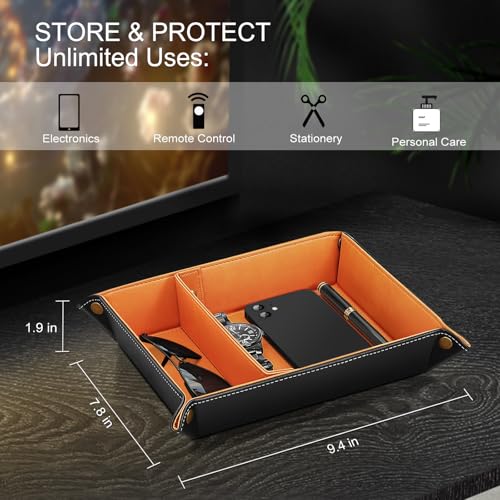 SITHON Valet Tray Desktop Storage Organizer, Removable 2 Compartments Catchall Tray Bedside Vanity Nightstand Caddy Holder Desk Storage Plate, Orange - color: Orange