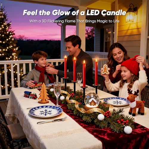 Homemory 6 Pcs Real Wax LED Red Flameless Taper Candles with Remote Timer, 9.6 Inches Fake Candlesticks, Dripless Battery Operated Window Candle with 3D Flickering Flame for Fireplace Xmas Decor - style: Christmas - Red 9.6"