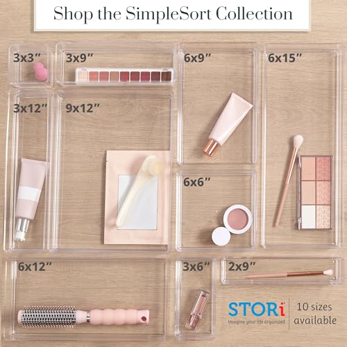 STORi SimpleSort 6-Piece Stackable Clear Drawer Organizer Set | 12" x 3" x 2" Rectangle Trays | Narrow Makeup Vanity Storage Bins and Office Desk Drawer Dividers | Made in USA - size: 12x3x2" (Set of 6)