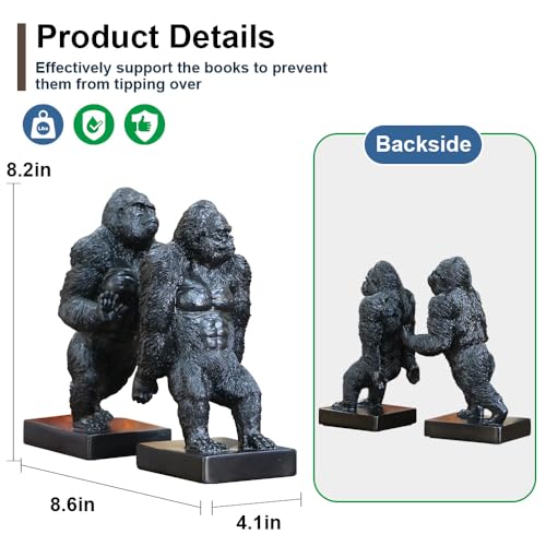 Decorative Bookends, Art Book Ends for Heavy Books, Heavy Bookends for Shelves, Vintage Non-Slip Base Book Holder, Resin Book Stopper for Home Office Decor (Black Gorilla) - color: Black Gorilla