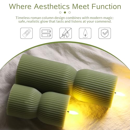 Olive Green Ribbed Flameless Pillar Candles with Remote, LED Candles Battery Operated Flickering Real Wax Set of 2 - color: Olive Green